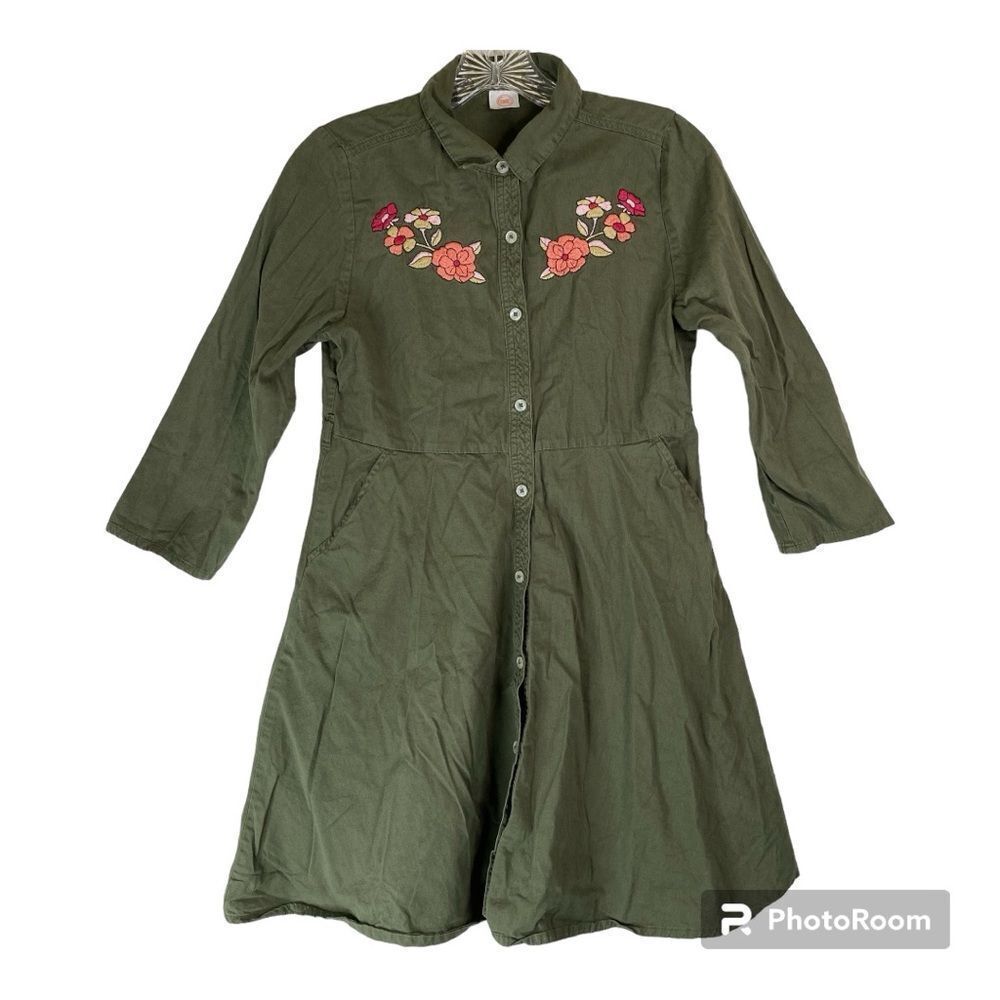5/$25 Wonder Nation Green Denim Floral Embroidered Button Down Dress Pockets XL